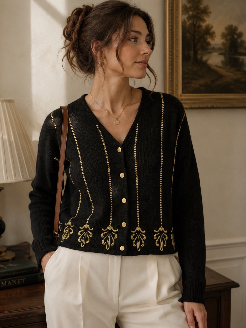 Lise J. Black Gold Embroidered Cardigan Sweater V Neck Button Front